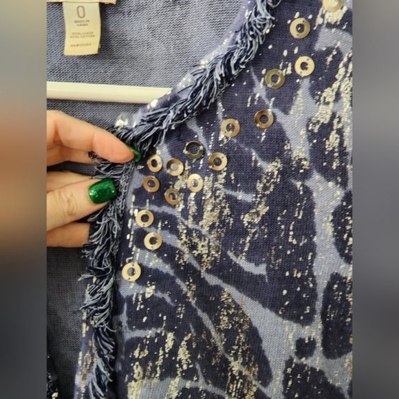 ! Chico's Women's Blue Fringe Metallic Animal Print Embellished Sweater Size S ! - Picture 2 of 9